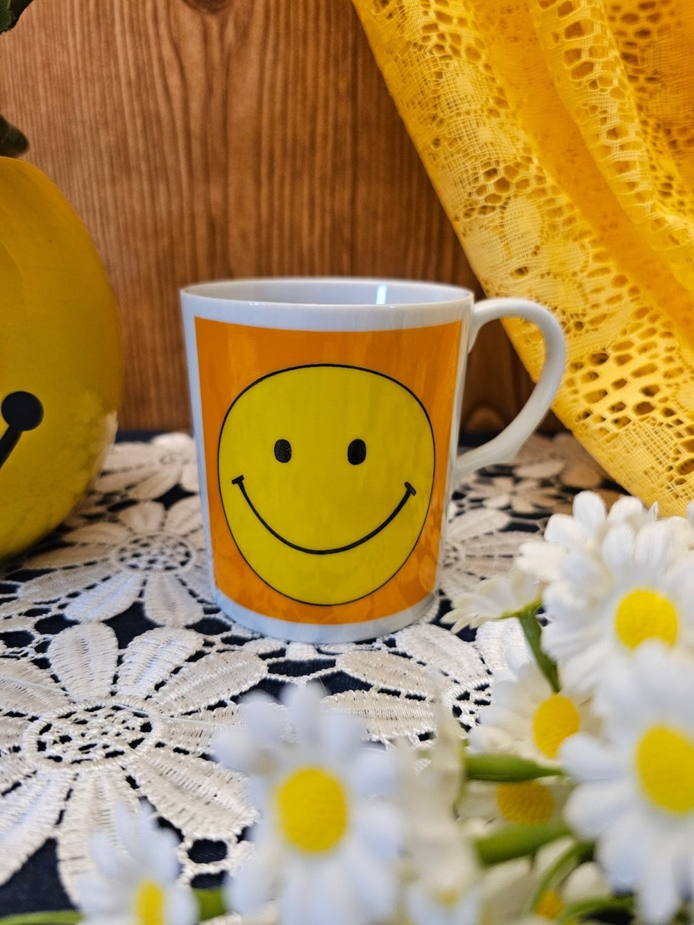 Yellow Smile Face Color Block Orange White Mug